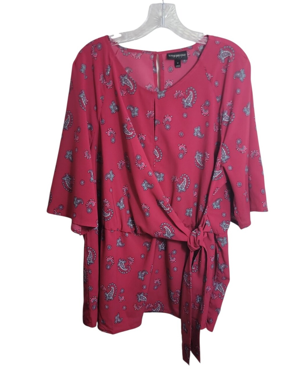 Lane Byrant women's size 18 pink blue white paisley tie waist raglan sleeve top